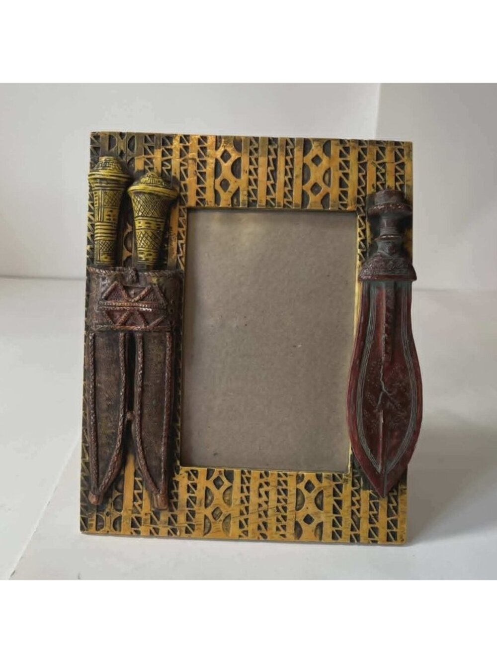 African Tribal Dagger Picture Frame 4x6 Hand Painted Resin 3D Relief Decor